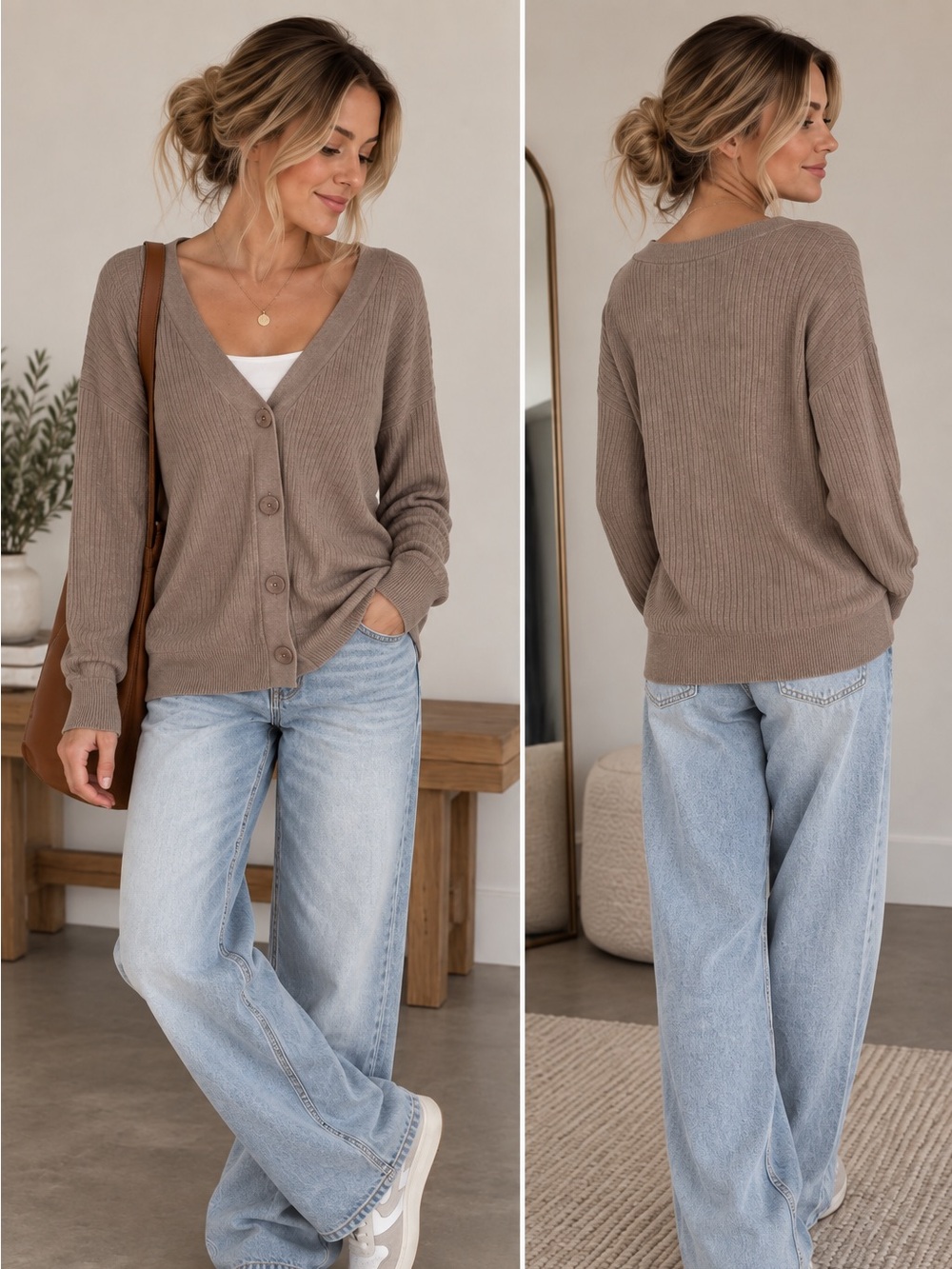 Cleo light Weight Casual Women's Taupe Button-Up Sweater‎ Layering Fall Casual